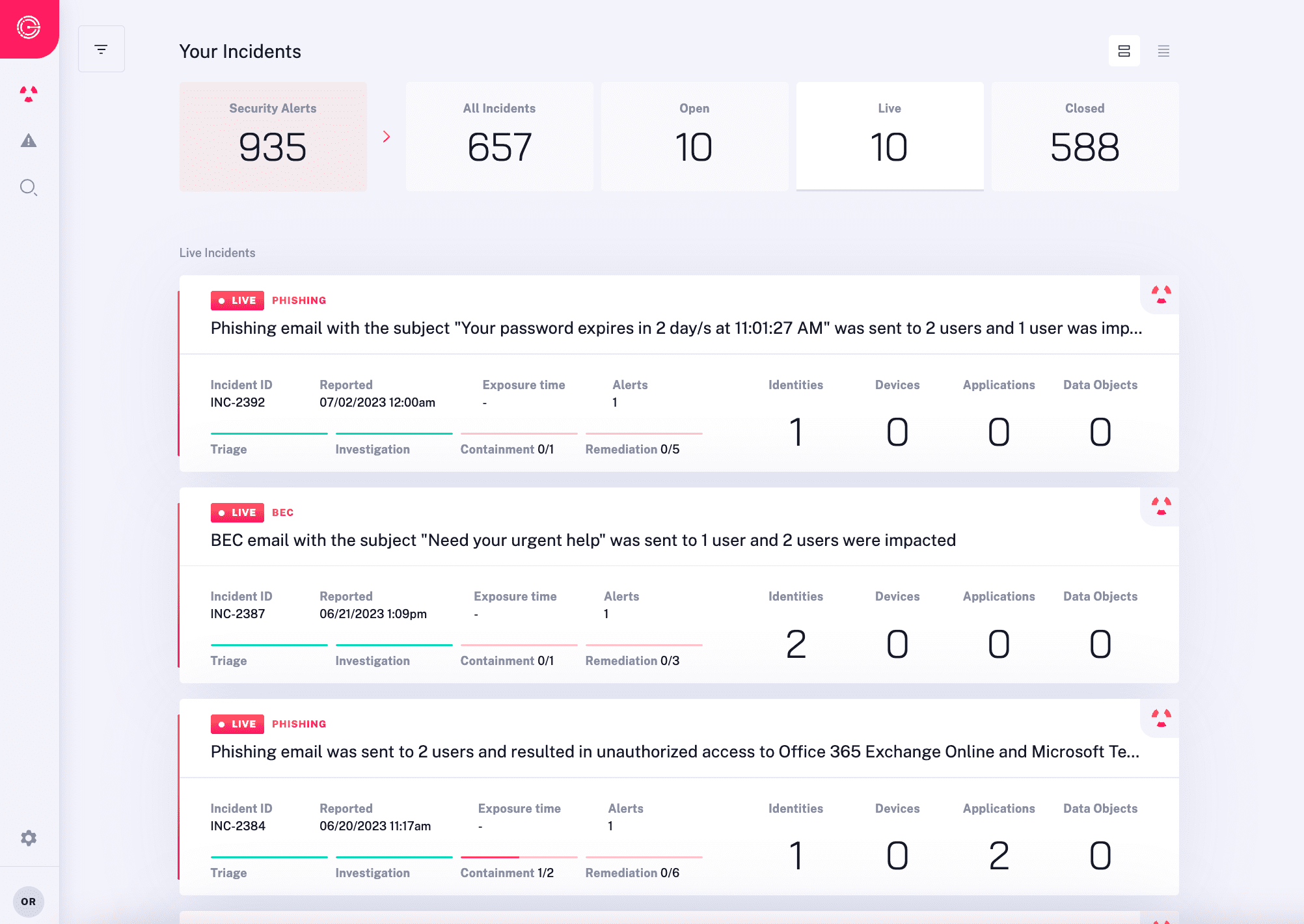 Alert and incident Dashboard Radiant Security