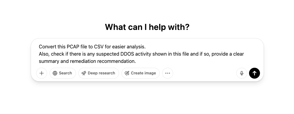 CHATGPT prompt to convert PCAP files to CSV and check for DDOS activity.